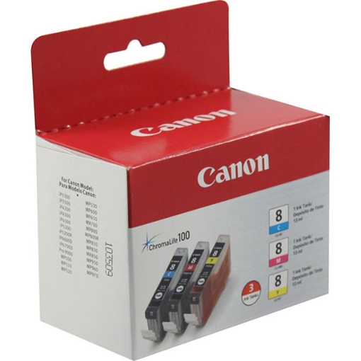 Picture of Canon 0621B016 (CLI-8) Yellow, Magenta, Cyan Inkjet Cartridge (3 pk)