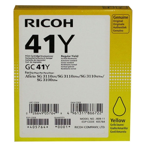 Picture of Ricoh 405764 Yellow Inkjet Cartridge (2500 Yield)